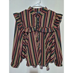 Ups & Downs Striped Blouse Women Large Multicolor Ruffle Yoke